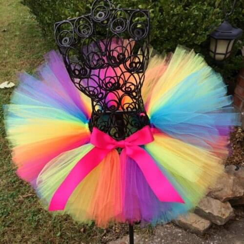 Rainbow Tutu Skirt Girls Tulle Skirts Ballet Dance Pettiskirts Underskirt Tutus with Pink Ribbon Bow Kids Party Costume Skirt