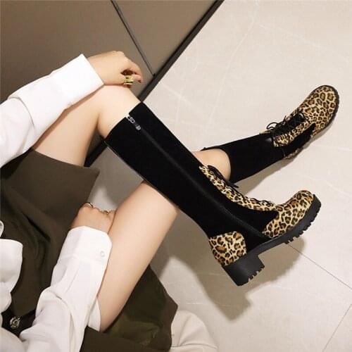 YQBTDL Autumn Winter Block Chunky High Heels Leopard Black Faux Nubuck Cross Tied Knight Womens Knee High Boots Ladies Bota Shoe