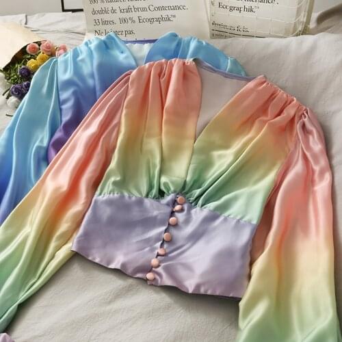 Rainbow Gradient Waist Small Shirt Women 2021 Autumn V-neck Long-sleeved Short Top