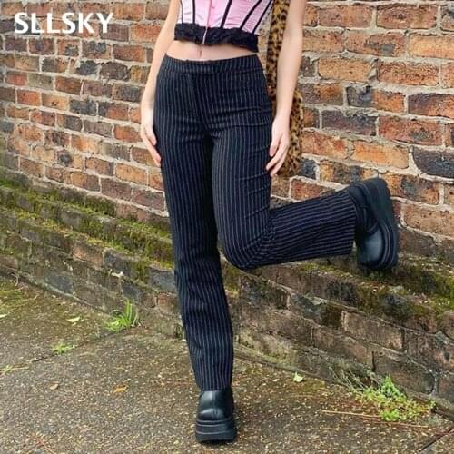 SLLSKY Striped Pants For Women Y2K Fashion Gothic High Waist Straight Pants Streetwear Fashion Outfits Korean Style Trouser