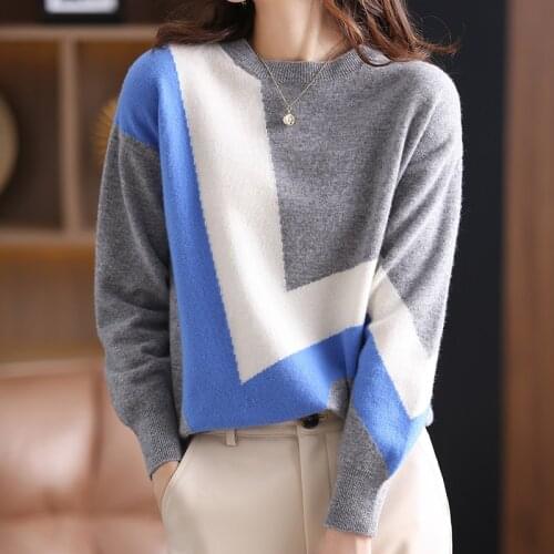 2021 Autumn /Winter New Cashmere Sweater Womens O-Neck Pullover Casual Stitching Contrast Color Knitted Top Female Jacket