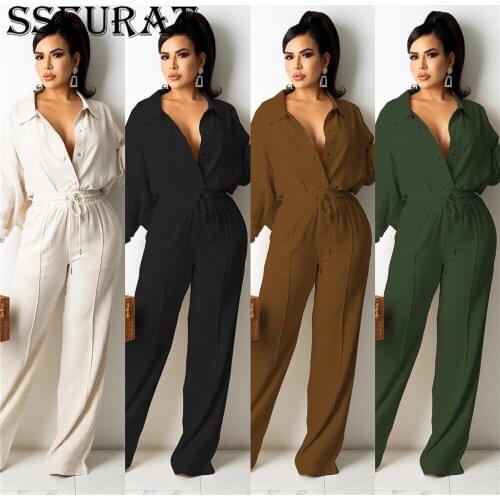 SSEURAT Women Set Solid Color Long Sleeve Shirt Tie Long Wide Leg Pants Two Pieces Set Fall Casual Outfit