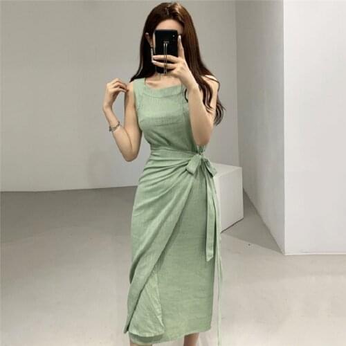 Green Sleeveless Long Dress Women Split Lace Up Bandage Cotton Linen Tank Dress Plus Size Elegant Vintage High Waist Slim B196