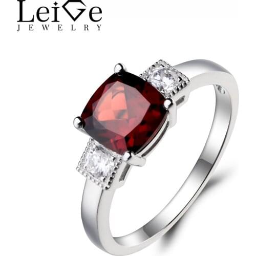 Leige Jewelry Cushion Cut Engagement Ring Natural Red Garnet Ring Fine Gemstone 925 Sterling Silver January Birthstone Gifts