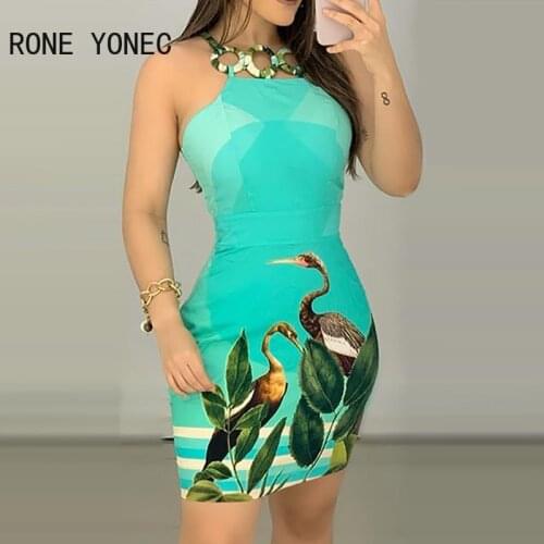 Women Tropical Print O Ring Decor Bodycon Dress Mini Dress Vacation Dress 2021