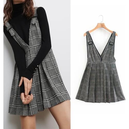 Women Dress Za Fashion 2021 Vintage Plaid Print V Neck Sleeveless Dress Mini Loose Draped Dress Female Casual Chic Vestidos