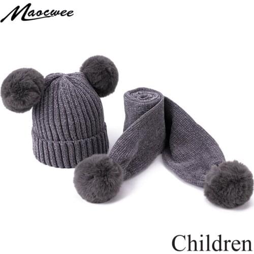 Winter Faux Fur Pom Pom Hat Scarf Set Children Knitted Soft Crochet Warm Hat Caps Outdoor Thick Skullie Beanie Scarf With Lining