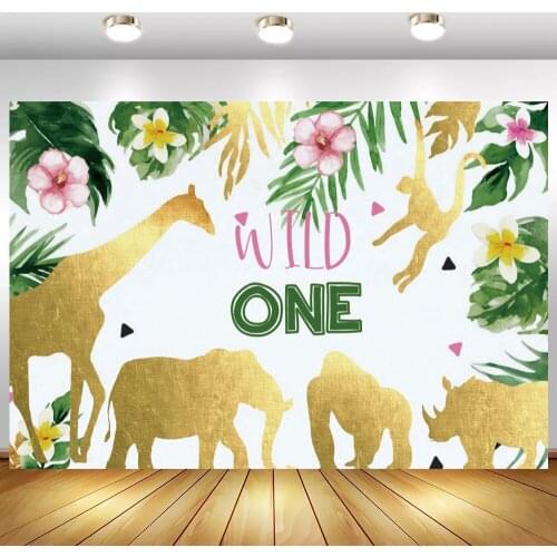 Golden Animals Wild One Backdrops Jungle Theme Party Green Leaves Flowers Custom Birthday Photography Backgrounds Photophone