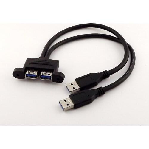 1pcs Black Dual USB 3.0 A Male to USB 3.0 Female Extension Screw Panel Mount Cable 30cm/50cm
