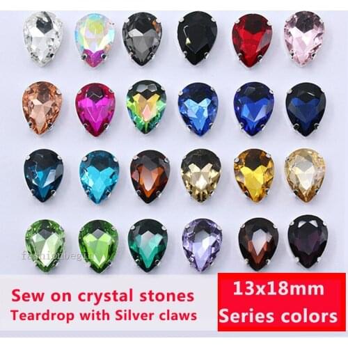 12p 13x18mm 24 colors teardrop crystal faceted glass stone sew on wedding Dress rhinestones silver claw craft Clothes Decoration