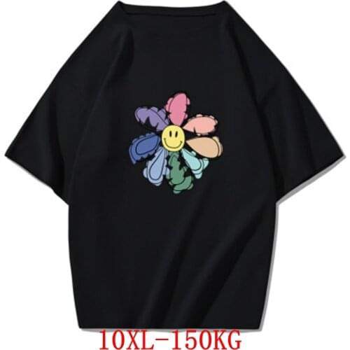 Large womens T-shirt plus size 8xl 9xl 10xl summer round neck short sleeve loose flower black and white blue big T-shirt top