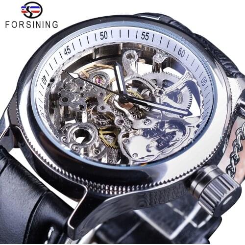 Forsining Transparent Watch Fashion Silver Skeleton Clock Mechanical Wristwatches for Men Luminous Hands Black Genuine Leather