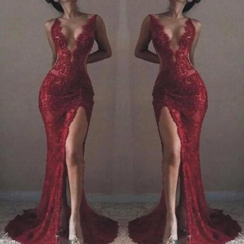 Lace Mermaid Prom Dresses Sexy Slit Evening Gowns Sleeveless Chic Appliques Evening Dress Long Abendkleider robe de soiree