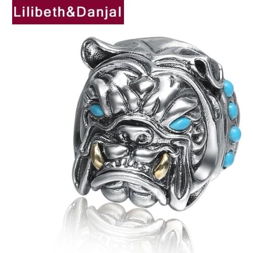 Men Women Opening Finger Ring 925 Sterling Silver Jewelry Inlaid Turquoise Bulldog Adjustable Ring Fine Jewelry 2018 FR73