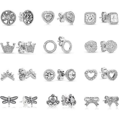 Silver Color Hypoallergenic Crystal Earrings Elegant Charming Butterfly Heart Crown Life Tree Styd Earrings Ladies Party Jewelry