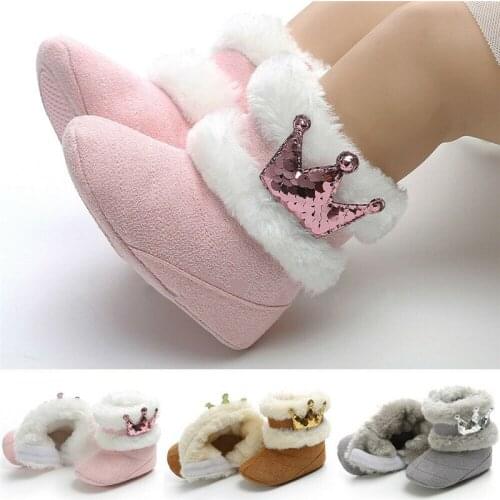 Infant Newborn Baby Girls Crown Cashmere Plush Crib Winter Boots Warm Shoes