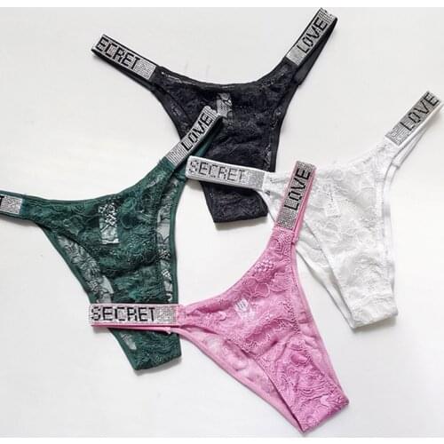 Lace Letter Sexy G String Women Panties Thong Seamless Girls Rhinestone Transparent Underwear For Female Low Rise Ladies Briefs