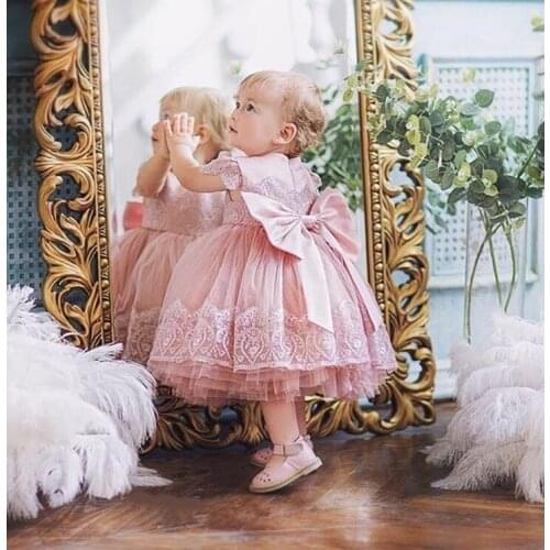 Cute Little Girls Dresses for Party with big bow cap sleeves kids clothes little princess first birthday dress for girls