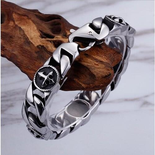 15mm Heavy Punk Rocker Men Retro Cross Bracelet Stainless Steel Mens Biker Curb Cuban Bracelets & Bangles Jewelry Party Gifts