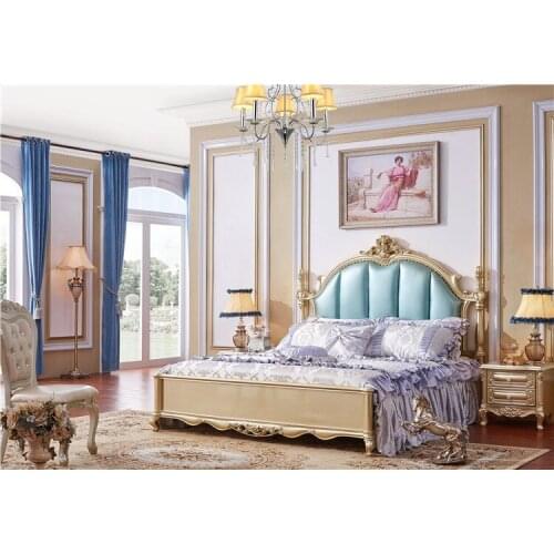Gold color bed blue genuine leather bed soft headboard