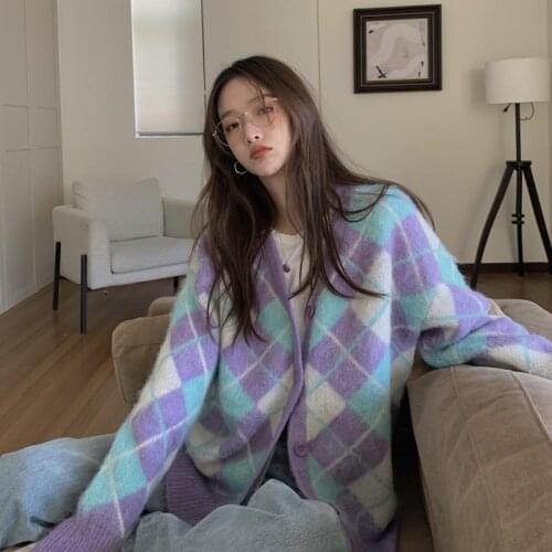 2021 Autumn and Winter New Style Lingge Ladies Jacket Loose Outer Wear Mohair Knitted All-match Cardigan Womens Clothing WY05