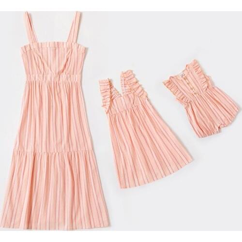 PatPat New Mommy and Me Ruffle Decor Striped Sling Dresses