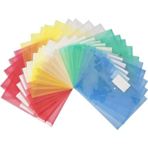 25 Pack Plastic Clear Document Folder with Label Pocket/Snap Button Closure, A4 Size, File Envelopes for School Home Work Office