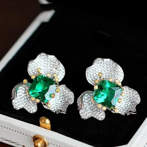Luxury Flower Green Crystal Emerald Gemstones Diamonds Earrings for Women White Gold Sterling Silver Color Party Fine Jewelry