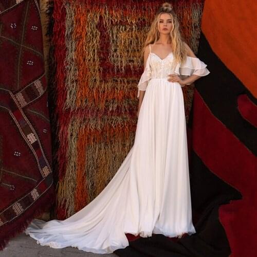 Eightree Sexy Cold Shoulder Wedding Dresses 2021 Beach A Line Chiffon V-neck Appliques Sleeveless Bridal Gowns Boho Wedding Gown
