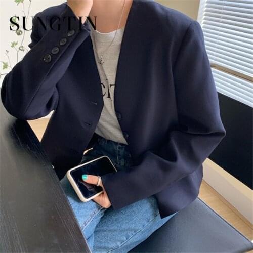 Sungtin New 2021 Spring Autumn Womens Blazers V Neck Jackets Fashionable Vintage Oversize Elegant Office Lady Short Tops Korea