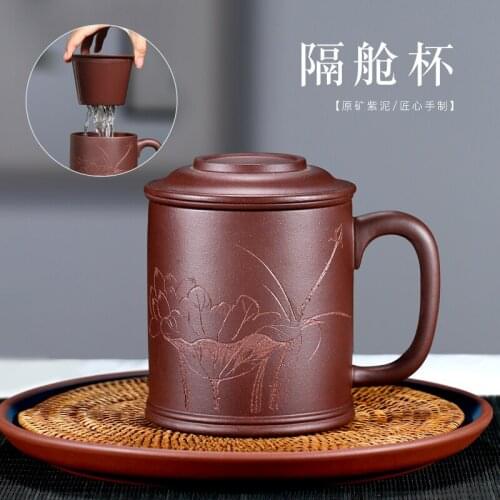 Tao 】 yixing purple sand cup run of mine ore pure hand-made tea cover cup purple lotus cup containing mud tank 500 cc