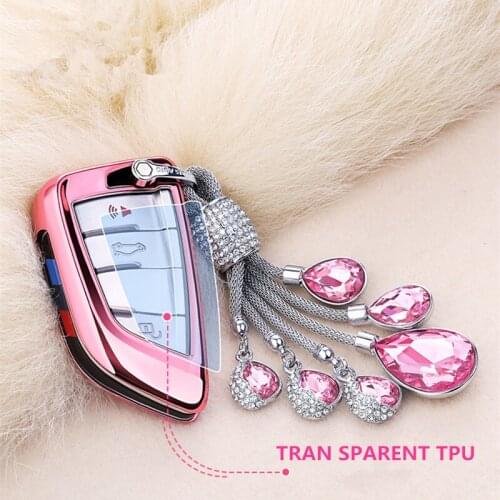 Full-Protective TPU Soft Car Key Case Shell Key Holder Key Covers For BMW X1 X2 x3 X4 X5 X6 F15 F16 Artificial Crystal Pendant