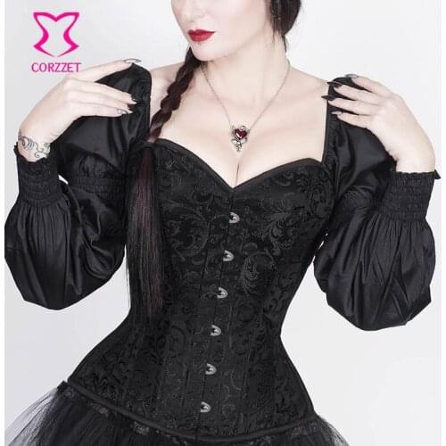 Victorian Black Jacquard Puff Long Sleeve Overbust Gothic Corset Top Steampunk Retro Bustiers Corselet Sexy Korsett For Women