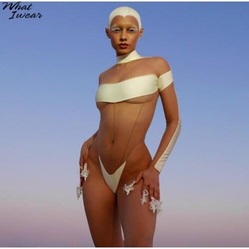 Whatiwear Sexy Mesh See Through Patchwork High-necked Bodysuit Women Backless Panelled Female Elastic Summer Swimsuit Apparel