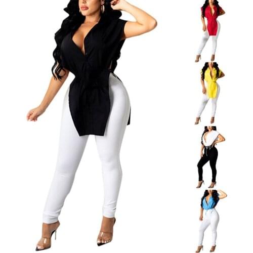 Thorn Tree Women Fashion Streetwear Tops Summer Solid Lapel Shirts Cutout Irregular Hem Sleeveless Deep V Neck Loose Female 4XL