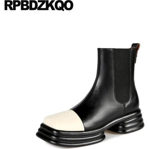 Short Black And White Chelsea Women Boots Winter 2021 High Quality Fall Genuine Leather Square Toe Platform Chunky Shoes Ankle