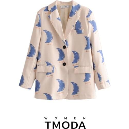 TMODA638 Za Women 2021 Fashion Office Wear Print Blazer Coat Vintage Long Sleeve Pockets Female Outerwear Chic Jacket Coats Tops
