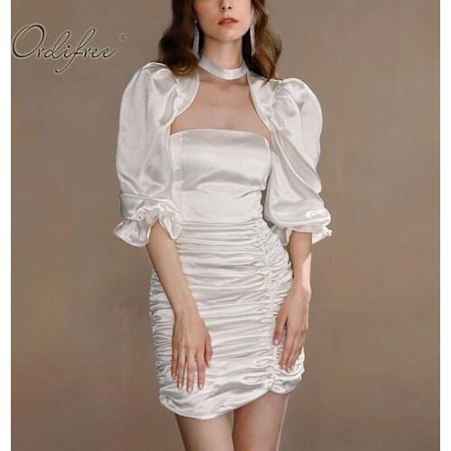 Ordifree 2021 Summer Women Satin Party Dress Long Sleeve Sexy Bodycon Silk White Mini Dress