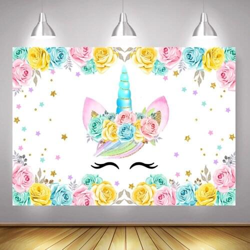 Unicorn Photography Backdrop Floral Children Birthday Party Background Rainbow Stars Flowers Newborn Unicorn Portrait Photocall