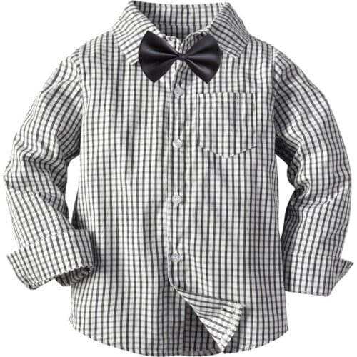 Newborn Toddler Kids Boys Long Sleeve Gentlemen Tops Clothes Bow Tie Baby Cotton Clothing Plaid Shirt Baby Boy Clothes