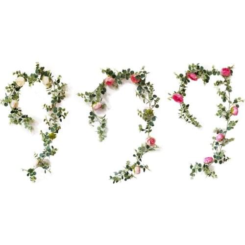 Artificial Eucalyptus Leaves Peony Flower Vine Greenery Ivy Hanging Plants Swag for Home Wedding Wall Fence Decor