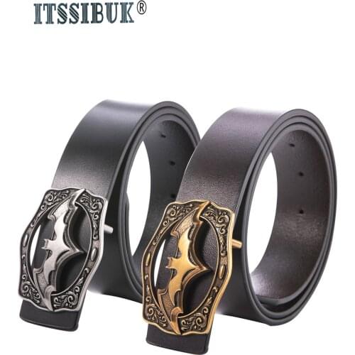 ITSSIBUK New Fashion Casual Mens Leather Belts Male Top Quality Hollow out Bat Smooth Buckle Retro Belt For Mens Jeans