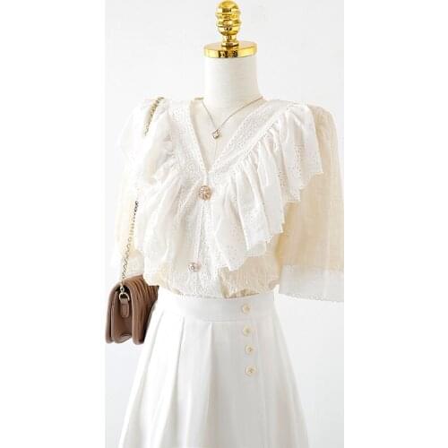 Ruffles Lace Women White Shirts Summer New Design 2021 V-Neck Straight Loose Elegant Office Lady Outwear Coats Tops