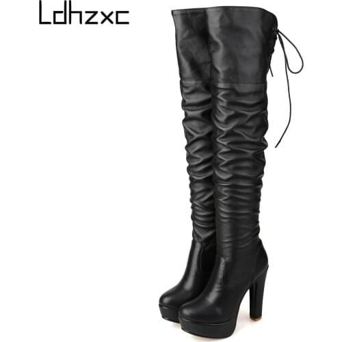 LDHZXC 20020 High Heel Over The Knee Boots Stretch Flock platform Long patent leather Boots Autumn Winter Women Shoes Size 34-42