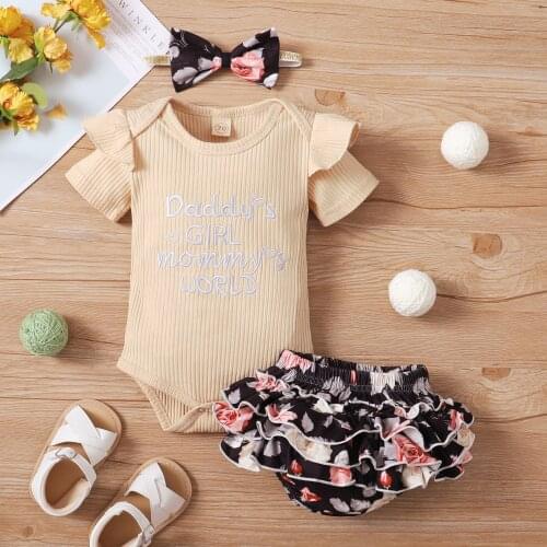 Toddler Baby Girls Summer Casual Clothes Set Infant Ribbed Letter Printed Fly Sleeve Romper + Floral Ruffled Shorts + Headband