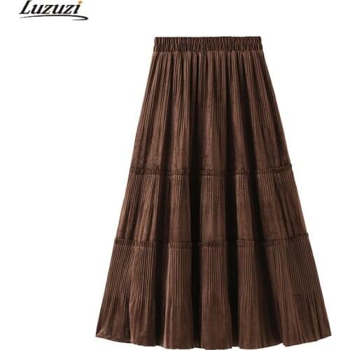 Luzuzi Solid Color Female Vintage Long Velvet Pleated Skirt Women Autumn Winter Elegant Fashion Ladies High Waist A line Skirt