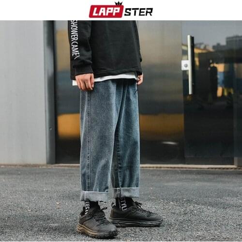 LAPPSTER Men Blue Jeans Streetwear Hip Hop Jeans 2020 Mens Korean Fashions Harem Pants Casual Women Denim Pants Straight Pants