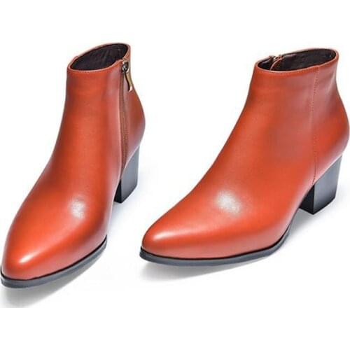 New Winter Mens High Heels Real Leather Boots Pointed Toe Zip Plush Warm Ankle Boots Work Safety Career Wedding Party Men Shoes