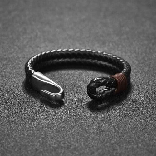 Genuine Leather Men Bracelet Stainless Steel Hook Shape Buckle Bangle Mens Fashion Jewelry Accessories Male Bracelets Party Gift