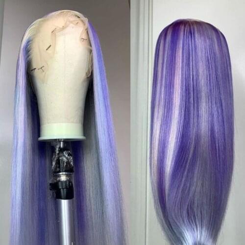 HD Lace Pink Wig Highlight Wig Human Hair Straight Lace Front Wig Pre Plucked Purple Colored Human Hair Wigs 200% Brazilain Remy